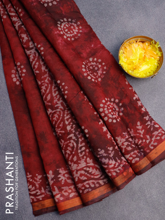 Muslin cotton saree maroon with batik butta prints and small zari woven border