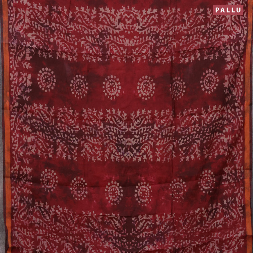 Muslin cotton saree maroon with batik butta prints and small zari woven border