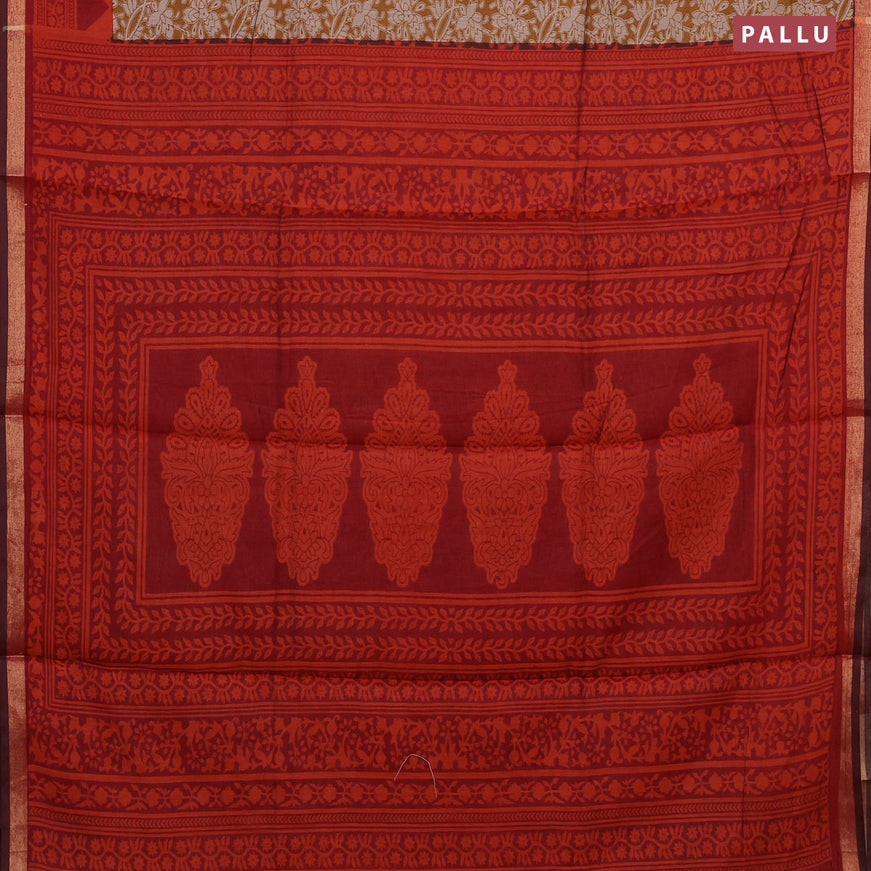 Muslin cotton saree dark mustard and maroon with allover floral prints and small zari woven border