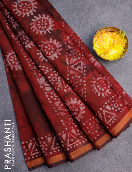 Muslin cotton saree maroon with allover tie and dye & batik butta prints and small zari woven border