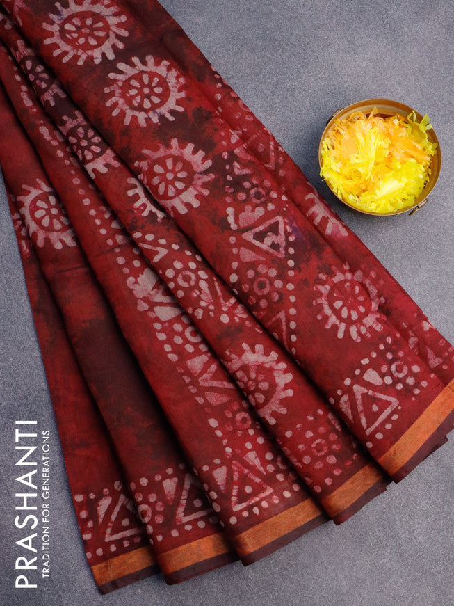 Muslin cotton saree maroon with allover tie and dye & batik butta prints and small zari woven border