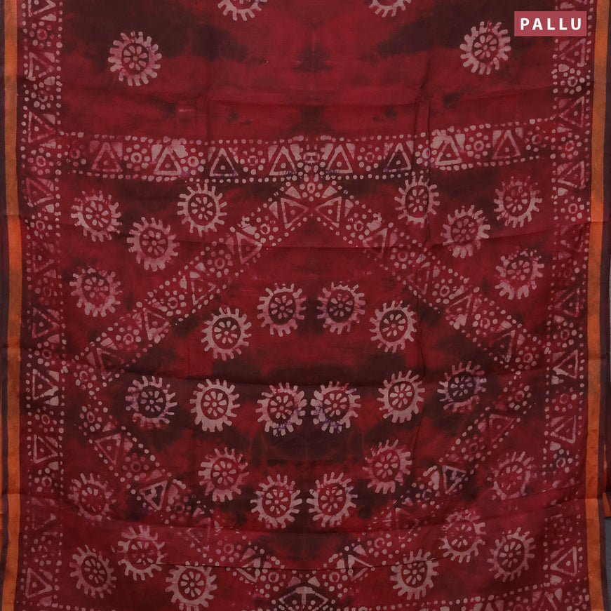 Muslin cotton saree maroon with allover tie and dye & batik butta prints and small zari woven border