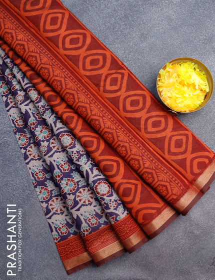 Muslin cotton saree dark blue and maroon with allover floral prints and small zari woven border