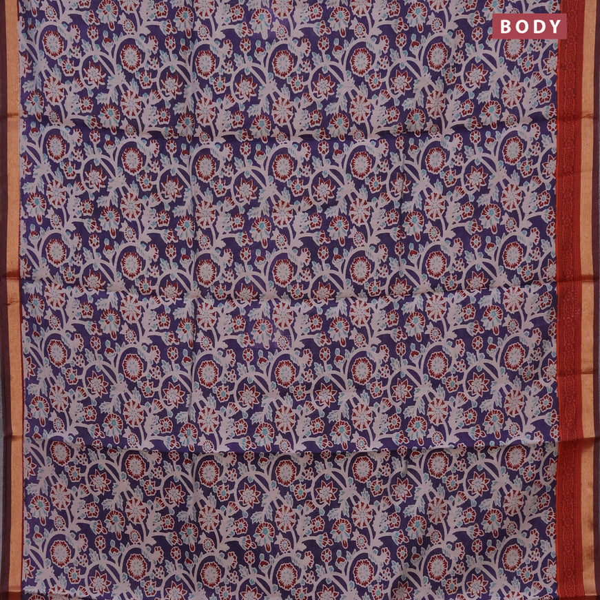 Muslin cotton saree dark blue and maroon with allover floral prints and small zari woven border