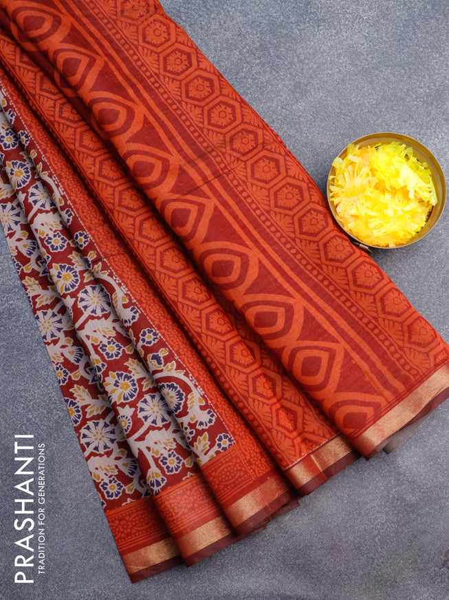 Muslin cotton saree maroon with allover floral prints and small zari woven border