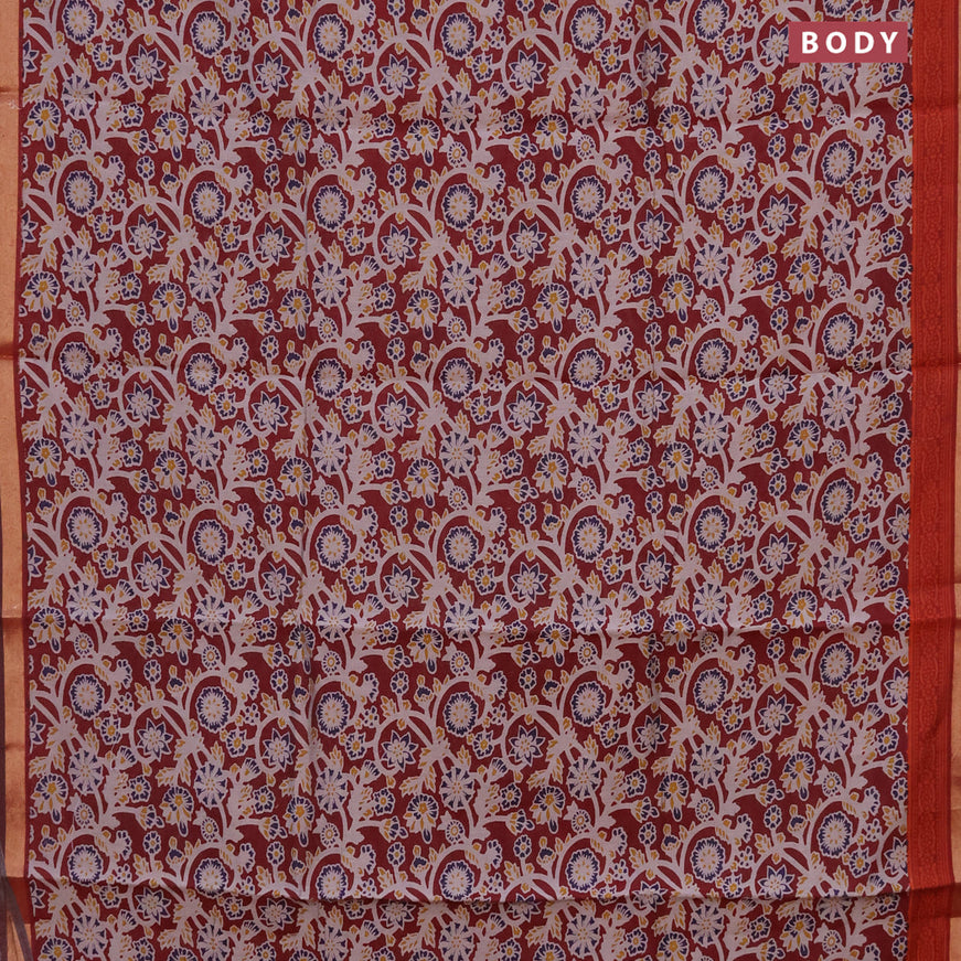 Muslin cotton saree maroon with allover floral prints and small zari woven border