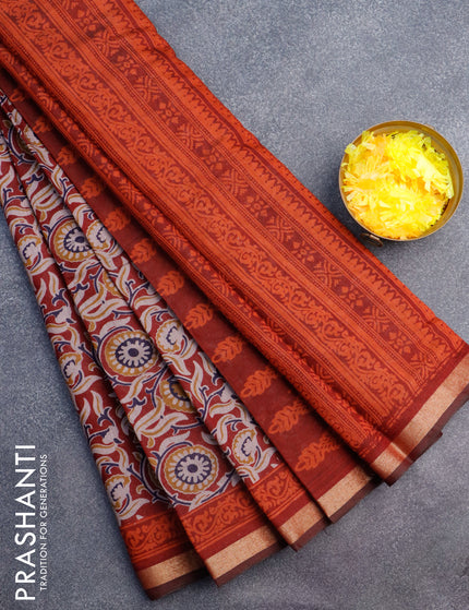 Muslin cotton saree maroon with allover floral prints and small zari woven border