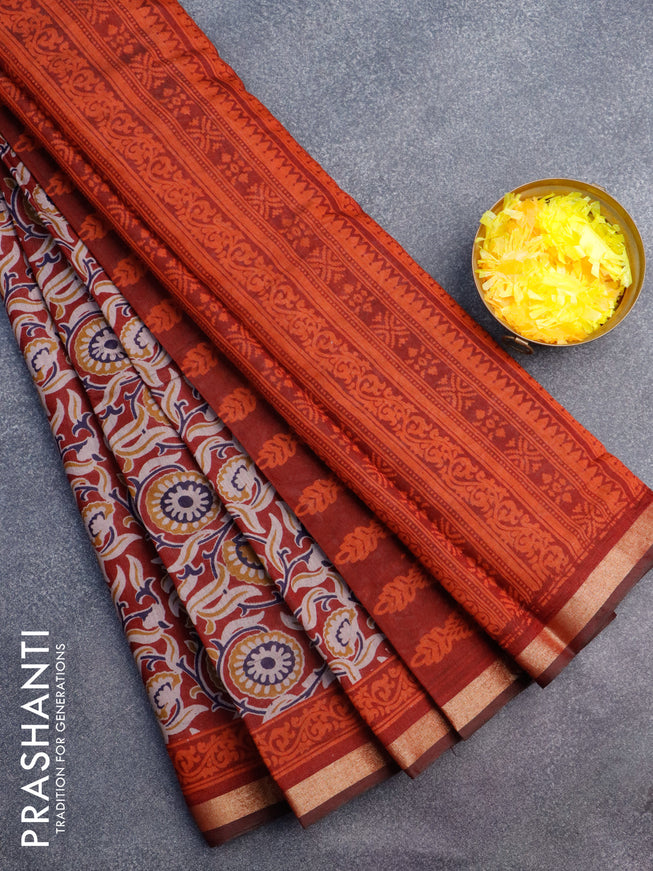 Muslin cotton saree maroon with allover floral prints and small zari woven border