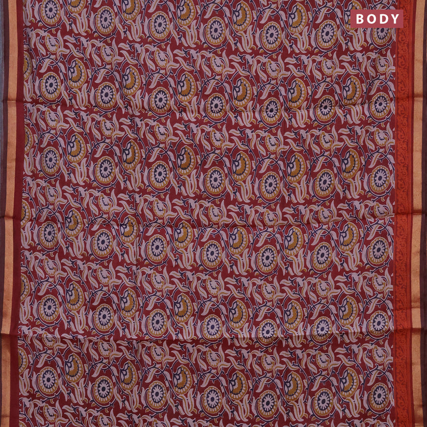 Muslin cotton saree maroon with allover floral prints and small zari woven border