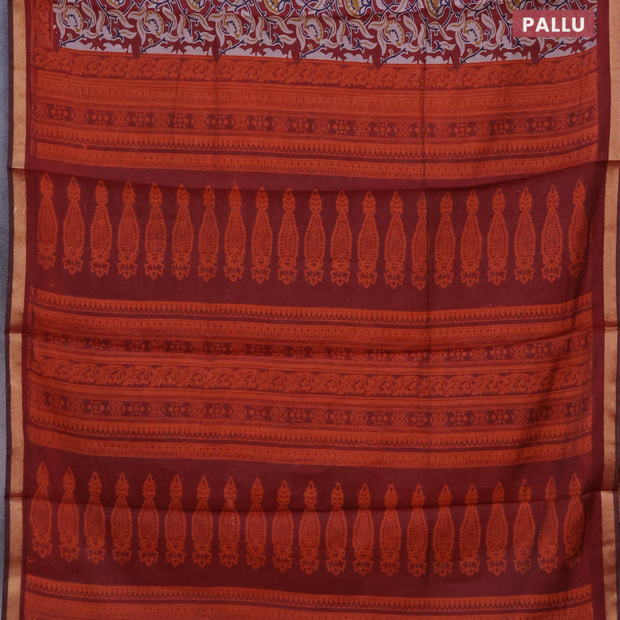 Muslin cotton saree maroon with allover floral prints and small zari woven border