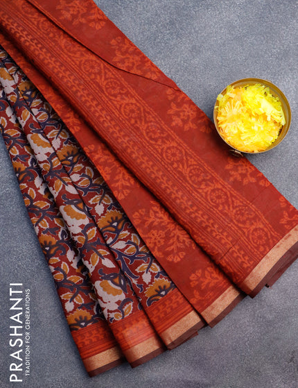 Muslin cotton saree maroon with allover floral prints and small zari woven border