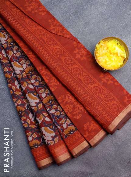 Muslin cotton saree maroon with allover floral prints and small zari woven border