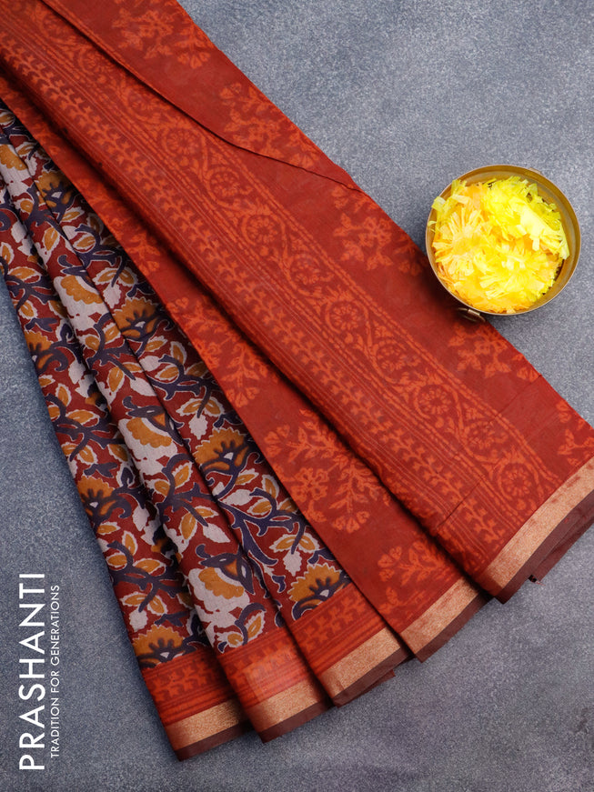 Muslin cotton saree maroon with allover floral prints and small zari woven border