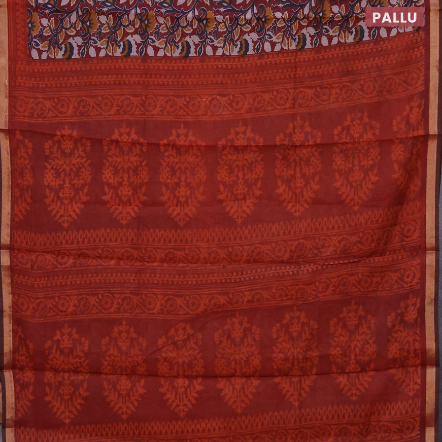 Muslin cotton saree maroon with allover floral prints and small zari woven border