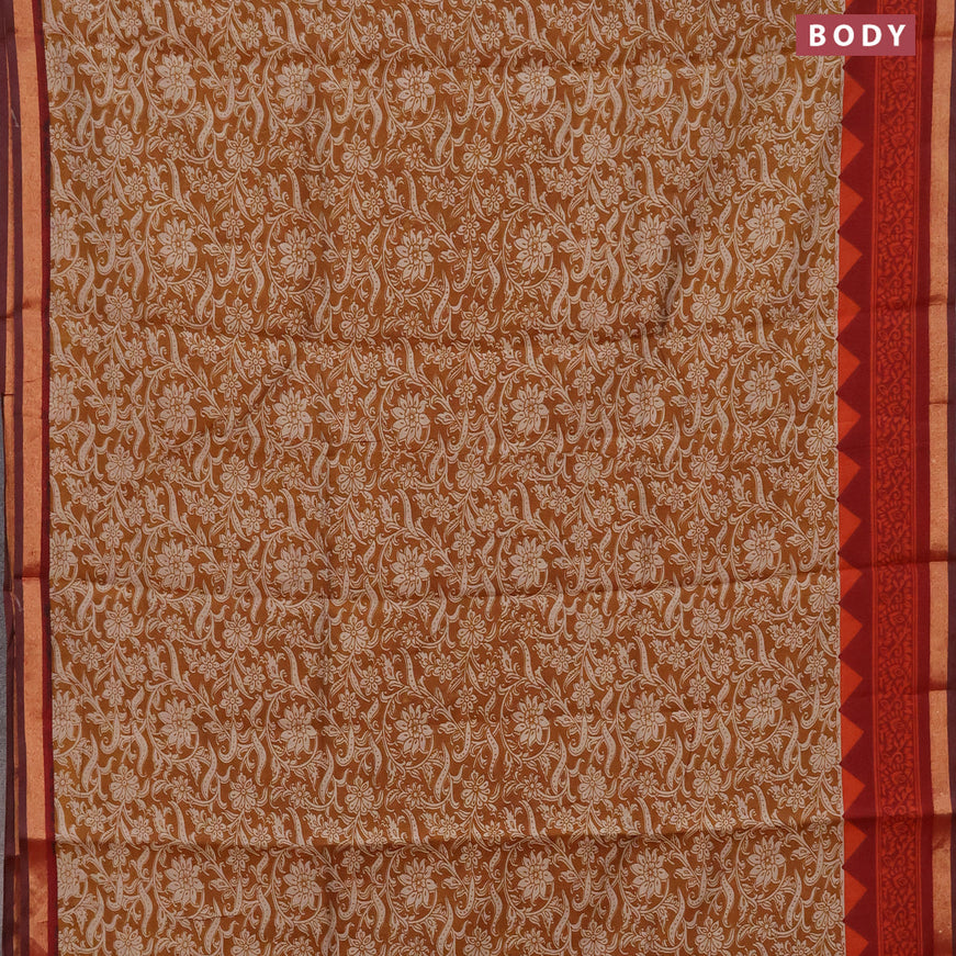 Muslin cotton saree dark mustard and maroon with allover floral prints and small zari woven border