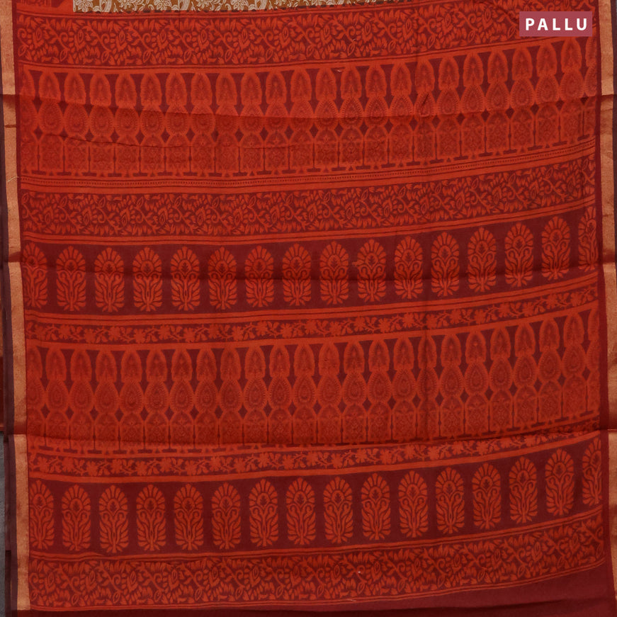 Muslin cotton saree dark mustard and maroon with allover floral prints and small zari woven border