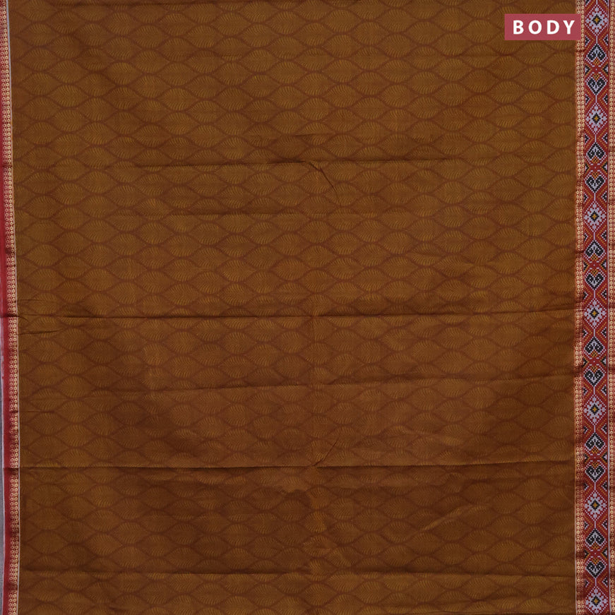 Muslin cotton saree dark mustard and maroon with allover prints and patola printed border