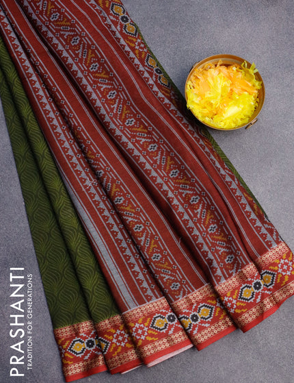 Muslin cotton saree sap green and maroon with allover prints and patola printed border