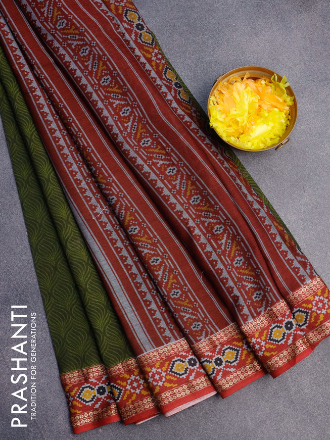 Muslin cotton saree sap green and maroon with allover prints and patola printed border