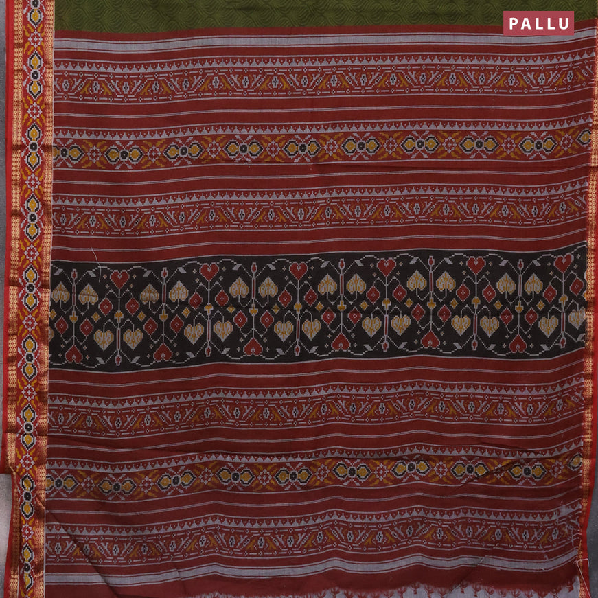 Muslin cotton saree sap green and maroon with allover prints and patola printed border