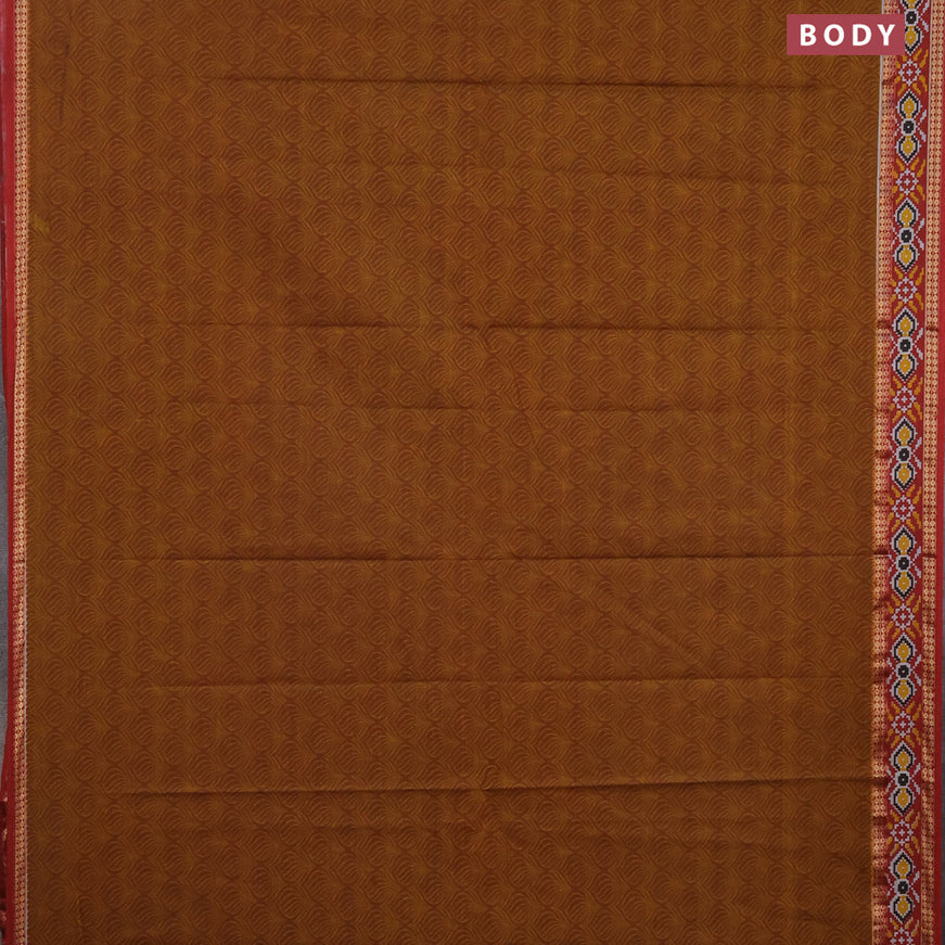 Muslin cotton saree dark mustard and maroon with allover prints and patola printed border