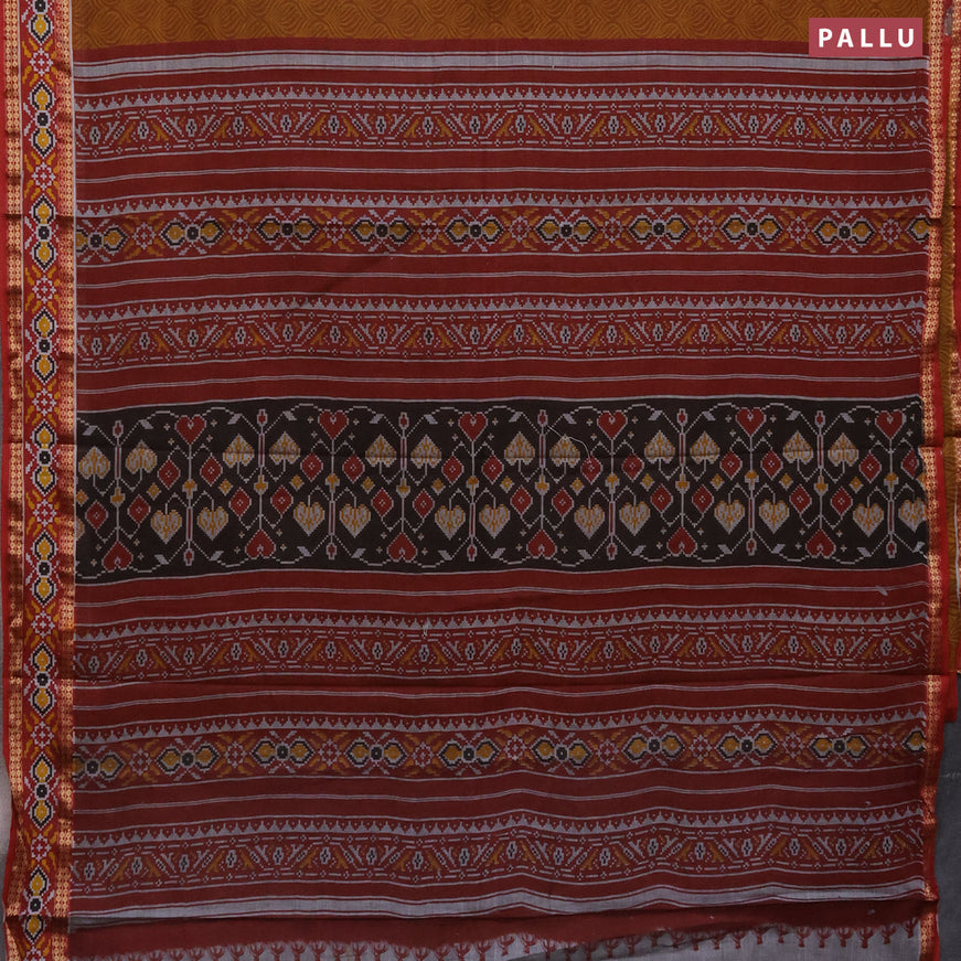 Muslin cotton saree dark mustard and maroon with allover prints and patola printed border