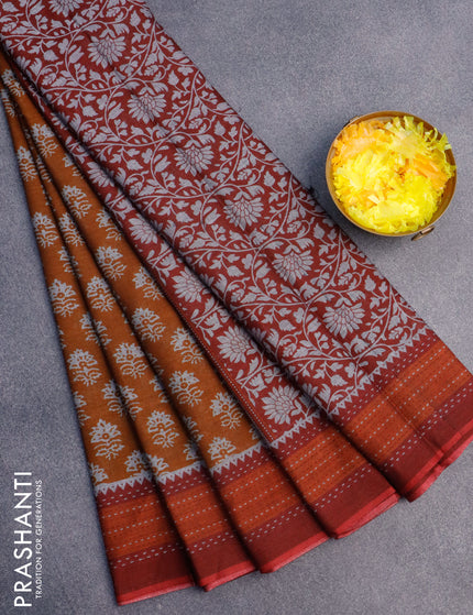 Muslin cotton saree dark mustard and rustic orange maroon with allover butta prints and printed border