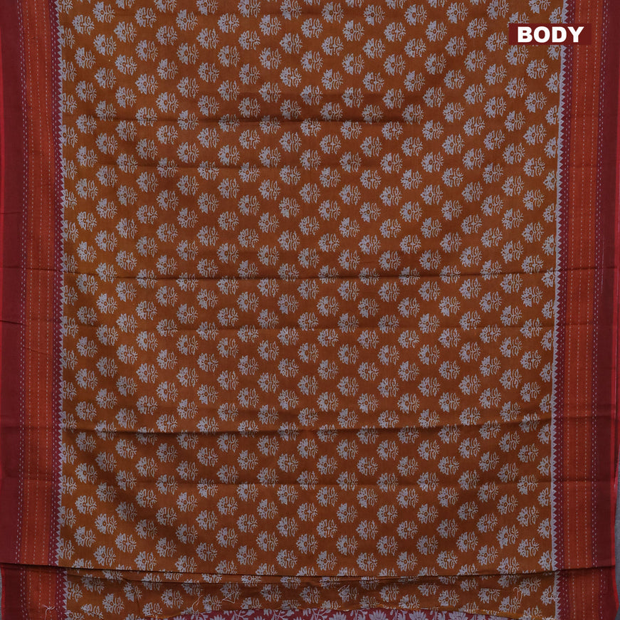 Muslin cotton saree dark mustard and rustic orange maroon with allover butta prints and printed border