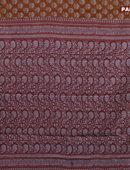 Muslin cotton saree dark mustard and rustic orange maroon with allover butta prints and printed border