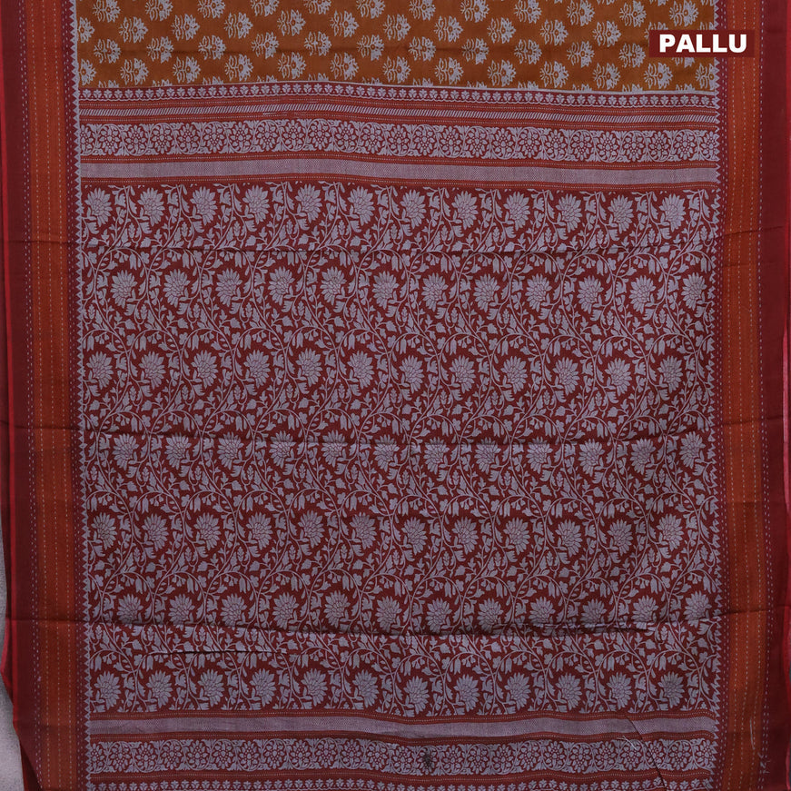 Muslin cotton saree dark mustard and rustic orange maroon with allover butta prints and printed border