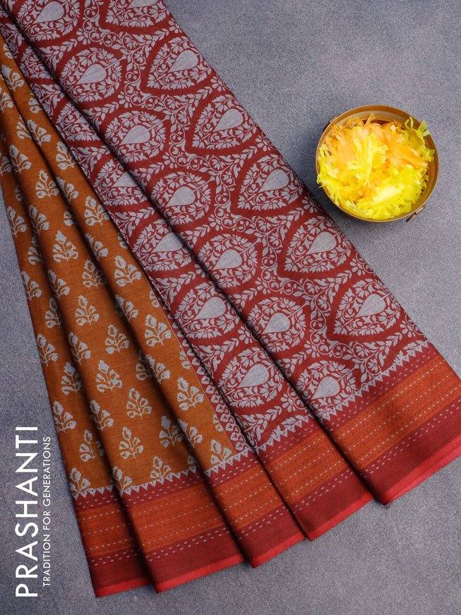 Muslin cotton saree dark mustard and rustic orange maroon with allover butta prints and printed border