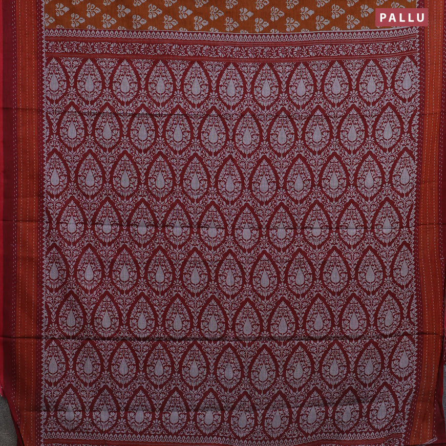 Muslin cotton saree dark mustard and rustic orange maroon with allover butta prints and printed border