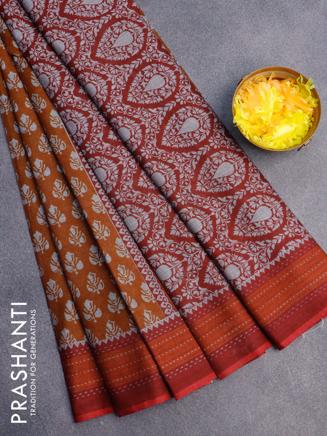 Muslin cotton saree dark mustard and rustic orange maroon with allover butta prints and printed border