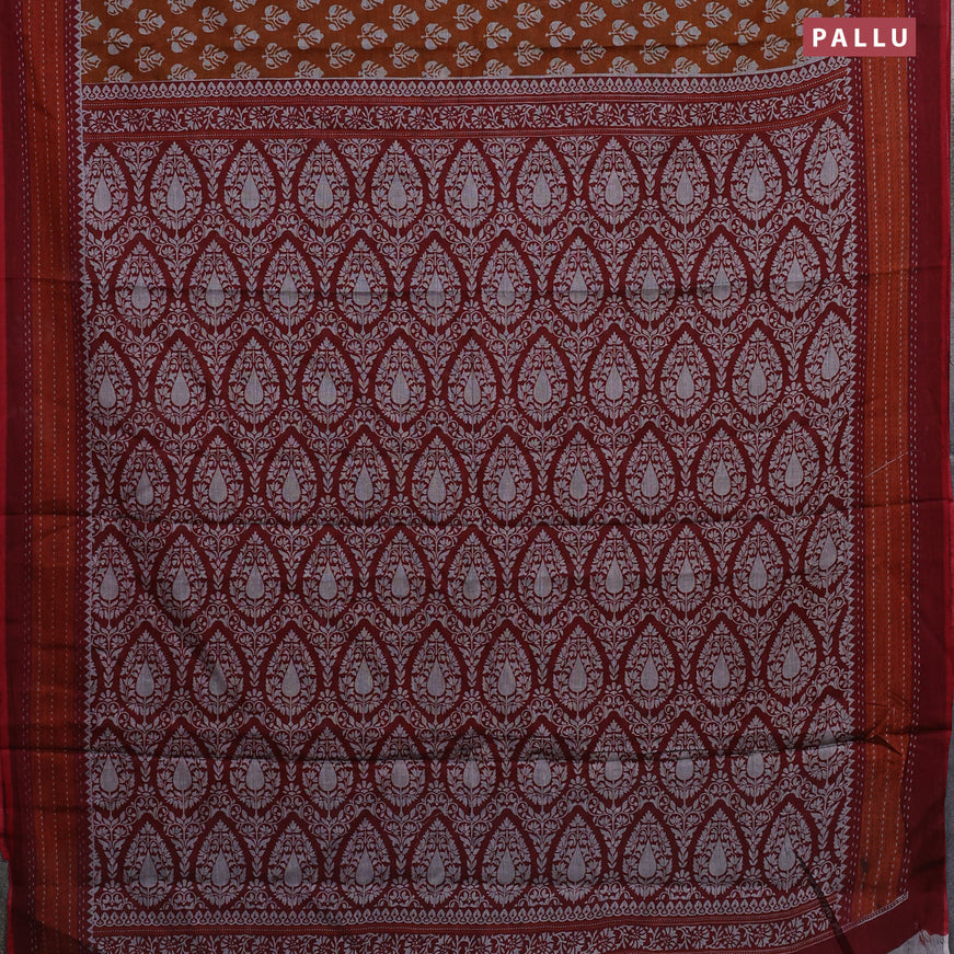 Muslin cotton saree dark mustard and rustic orange maroon with allover butta prints and printed border