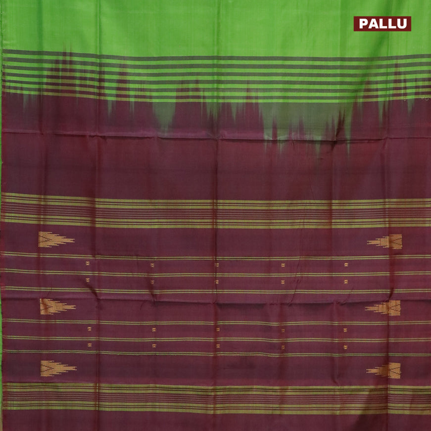 Banana pith saree light green and deep maroon with thread woven buttas in borderless style