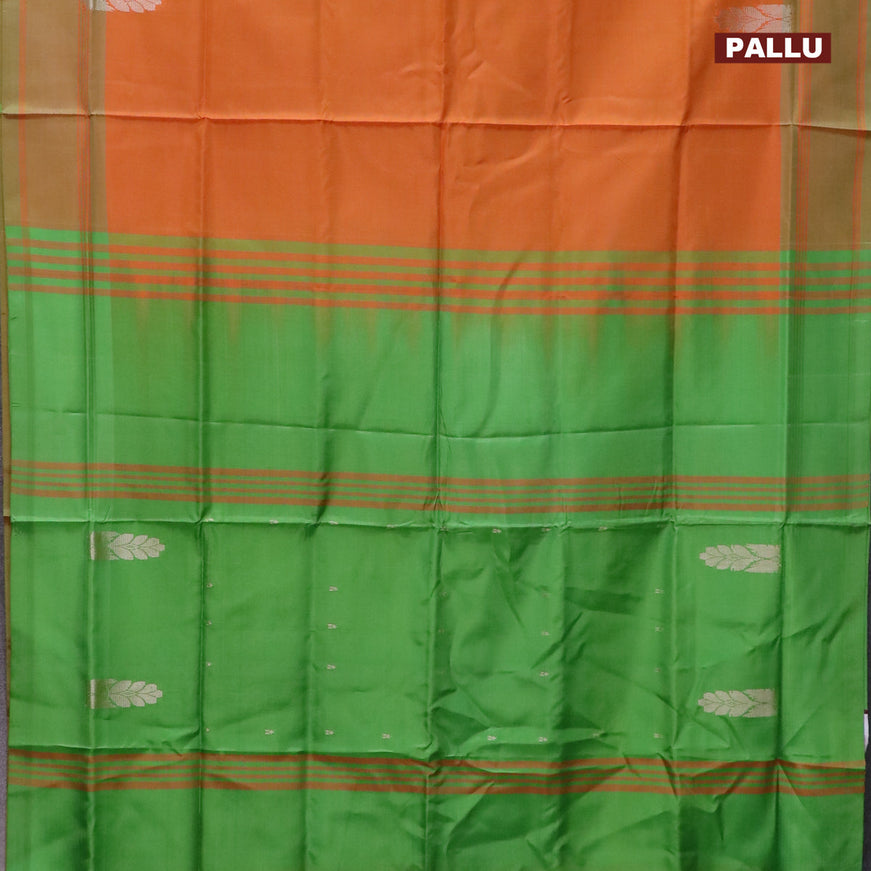 Banana pith saree orange and parrot green with thread woven buttas in borderless style