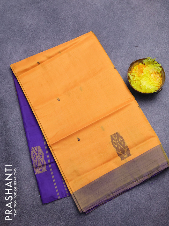 Banana pith saree mango yellow and violet with thread woven buttas and contrast border