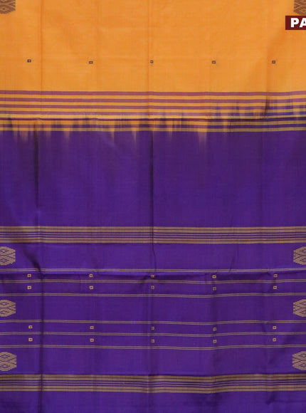 Banana pith saree mango yellow and violet with thread woven buttas and contrast border