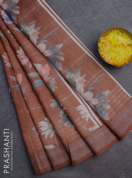 Linen cotton saree brown with allover floral prints & sequin work and silver zari woven border