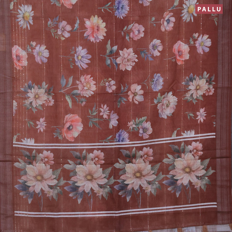 Linen cotton saree brown with allover floral prints & sequin work and silver zari woven border