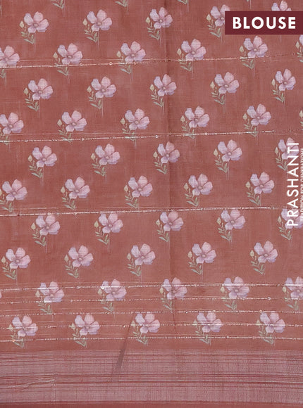 Linen cotton saree brown with allover floral prints & sequin work and silver zari woven border