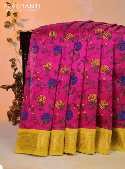 Silk cotton saree pink and yellow with allover kalamkari prints and zari woven korvai border