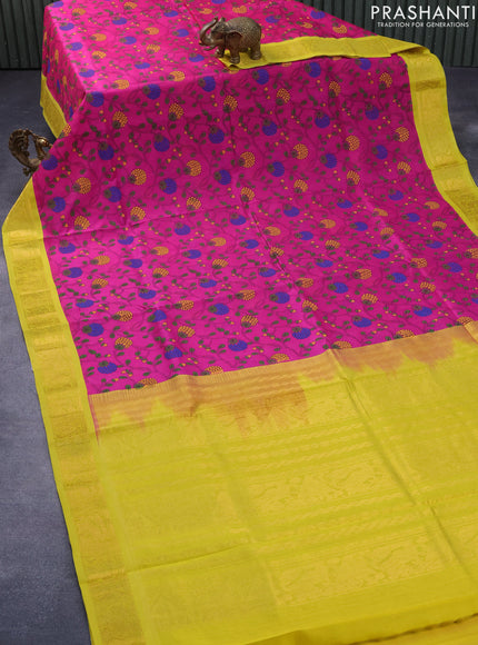 Silk cotton saree pink and yellow with allover kalamkari prints and zari woven korvai border