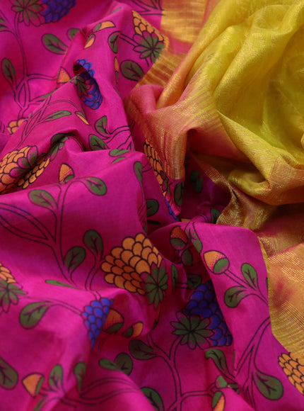 Silk cotton saree pink and yellow with allover kalamkari prints and zari woven korvai border