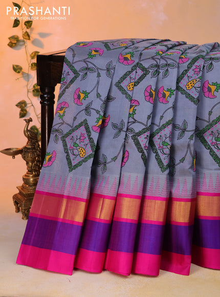 Silk cotton saree grey and pink with allover kalamkari prints and temple design zari woven simple border