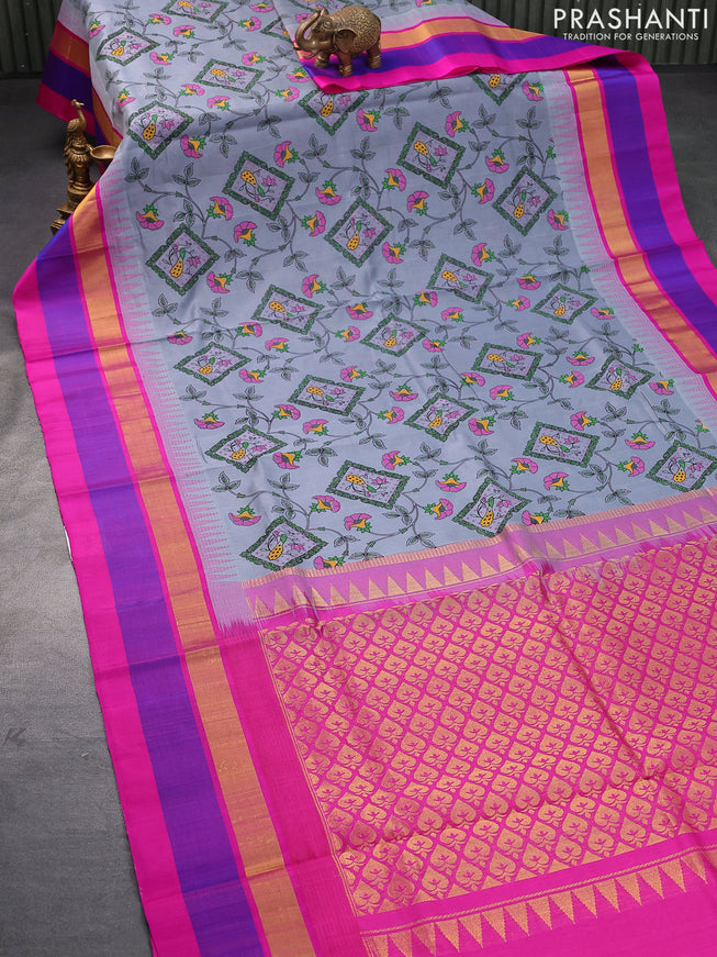 Silk cotton saree grey and pink with allover kalamkari prints and temple design zari woven simple border