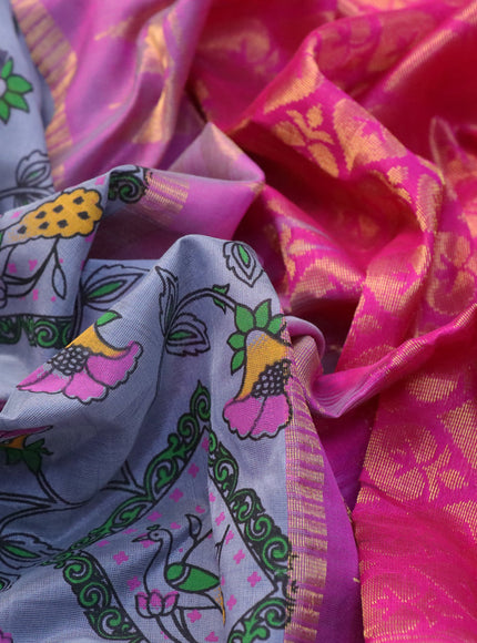 Silk cotton saree grey and pink with allover kalamkari prints and temple design zari woven simple border