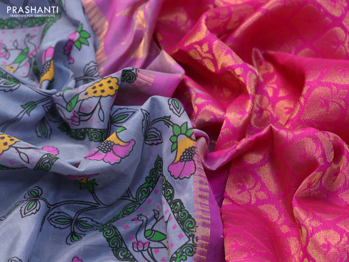 Silk cotton saree grey and pink with allover kalamkari prints and temple design zari woven simple border