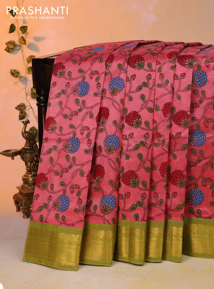 Silk cotton saree pink shade and lime green with allover floral prints and rich zari woven border