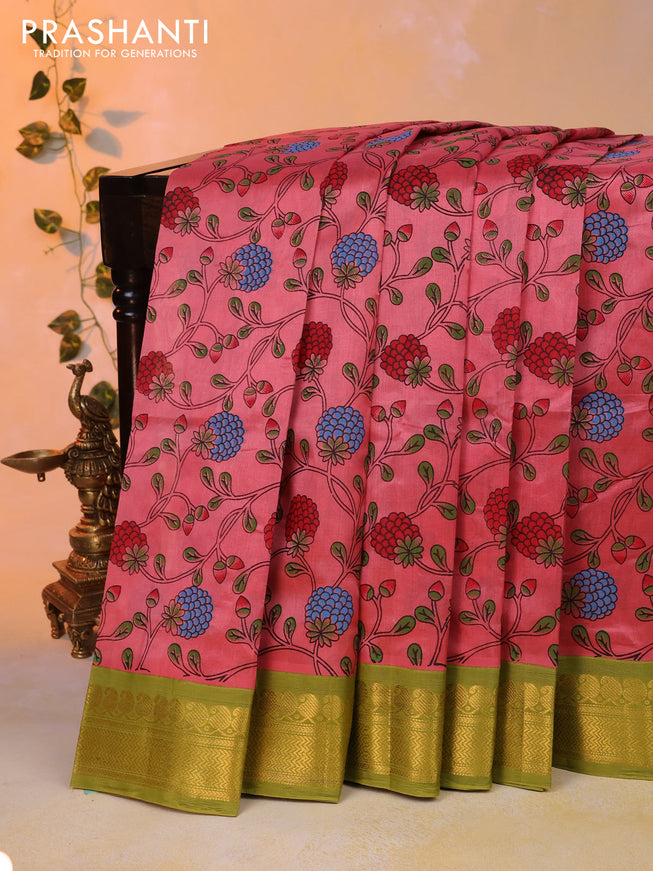 Silk cotton saree pink shade and lime green with allover floral prints and rich zari woven border